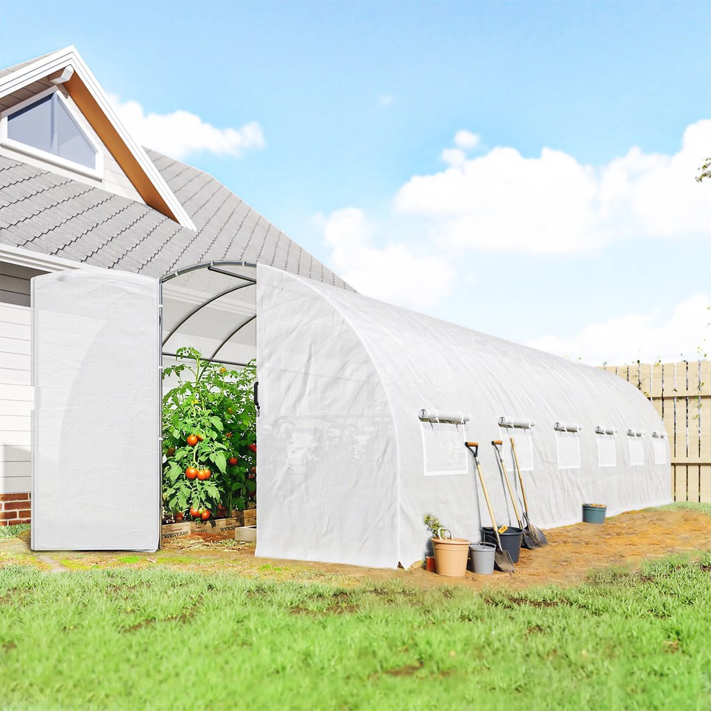 Estufa tipo túnel de 24 m²,  295 x 798 x 199 cm estufa de jardim tipo túnel com portas e 12 janelas com redes mosquiteiras, branca