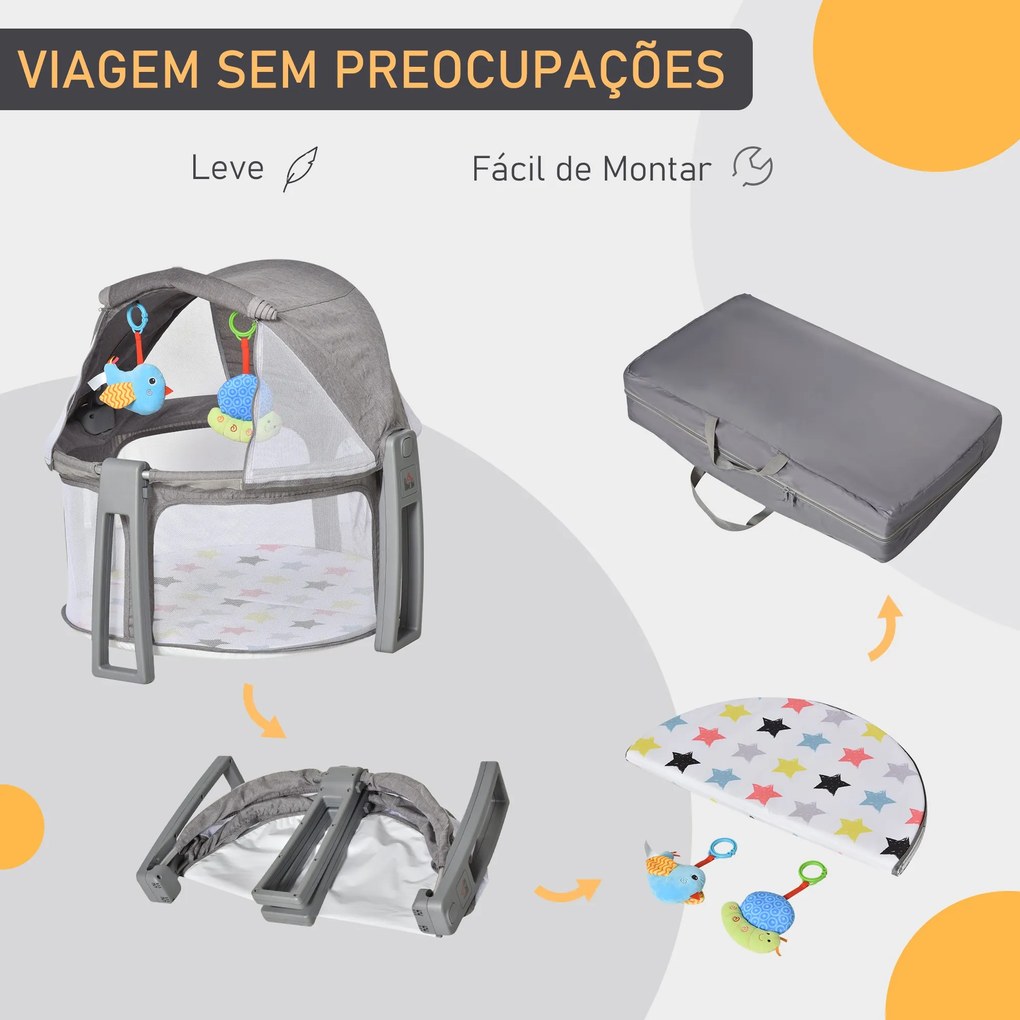 Berço dobrável e portátil para viagem com bolsa de transporte coberta removivel carga 15 kg 70x74x78 cm cinza
