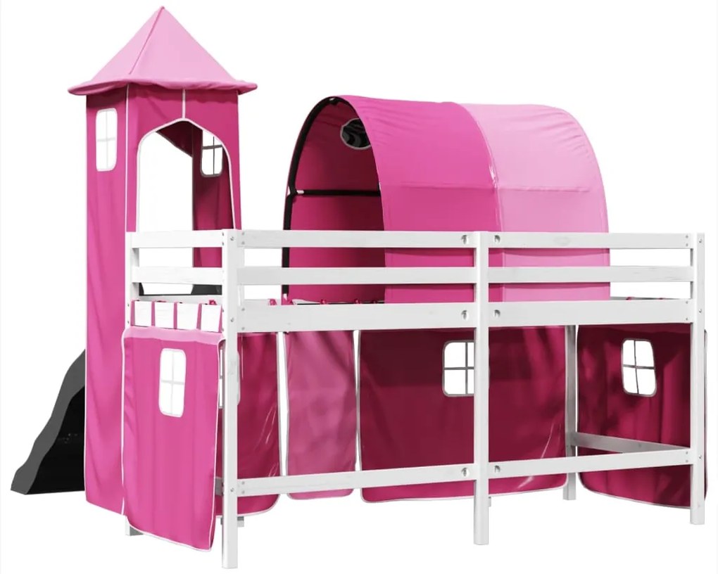 Cama alta para criança com torre 80x200 cm pinho maciço rosa