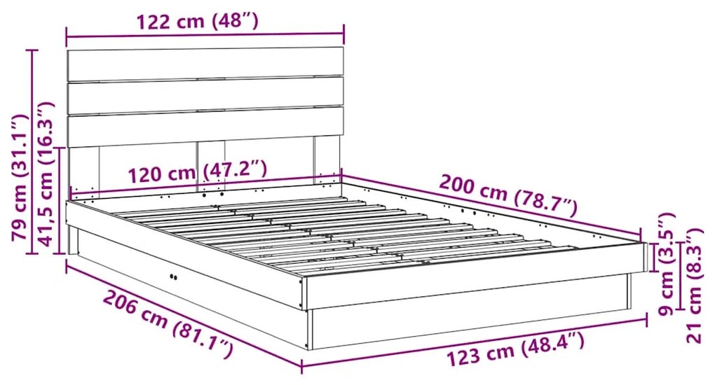 Estrutura cama cabeceira sem colchão 120x200 cm maciça carvalho