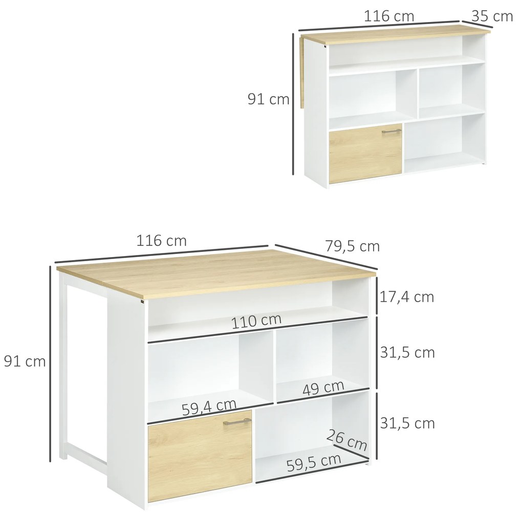 Mesa Alta Extensível com Lateral Dobrável Mesa de Bar com Compartimentos de Armazenamento e 1 Armário 116x79,5x91 cm Branco