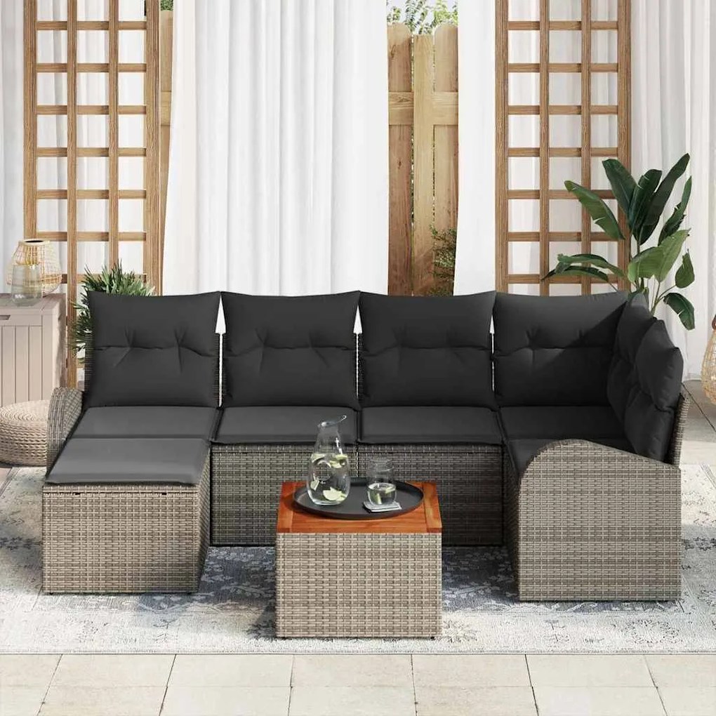 Conjunto de Sofá Jardim 7 Peças com Almofadas Cinza Rattan Poliéster A
