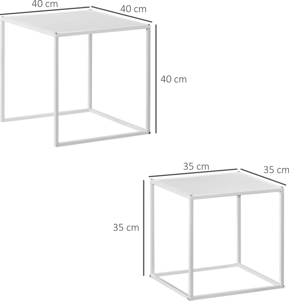 Conjunto de 2 Mesas Mesas de Centro Quadradas para Sala de Estar Estrutura de Aço Grande 40 cm Pequena 35 cm Branco