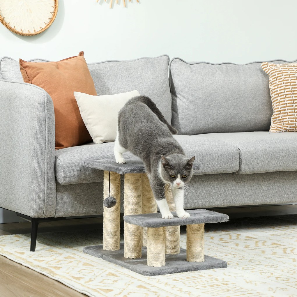 Escada ajustável para animais de estimação com 3 degraus, escada para gatos e cães, com arranhadores de sisal e bola, 52 x 34,5 x 54 cm, cinzenta