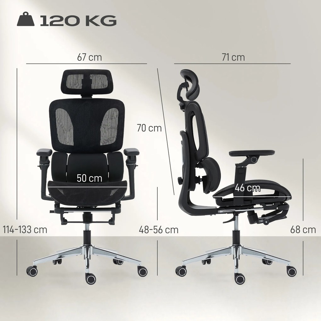 Cadeira de escritório ergonómica com braços 6D, encosto para a cabeça e profundidade do assento ajustáveis, 67 x 71 x 133 cm, preta