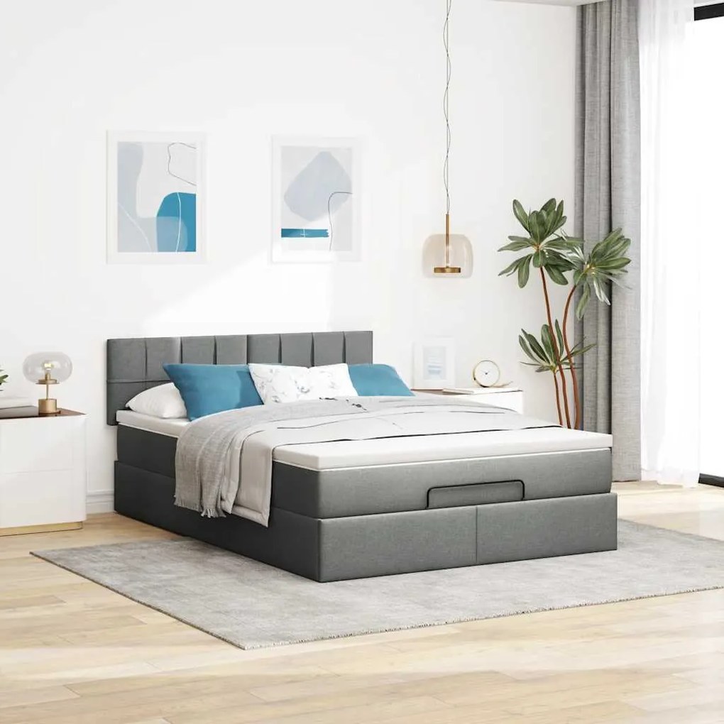 Cama otomana com colchão 140x190 cm tecido cinzento escuro