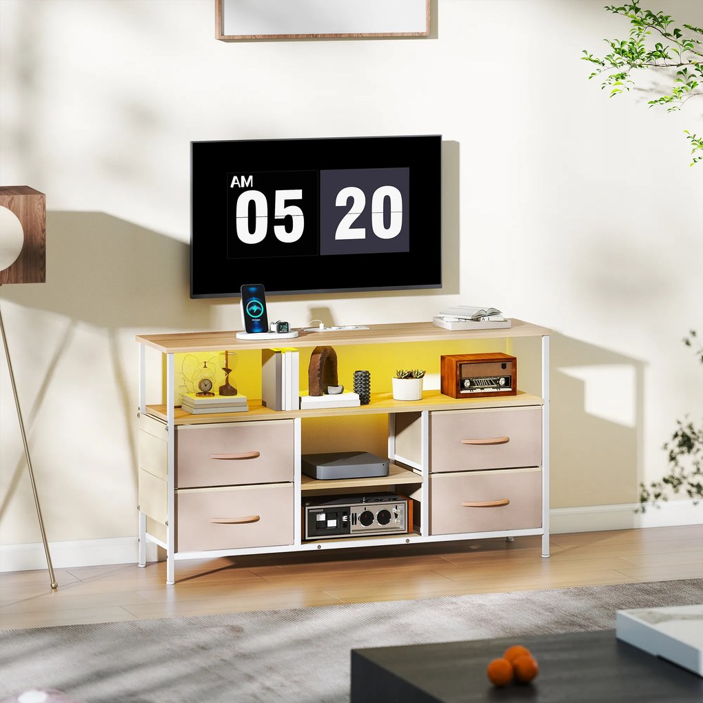 Móvel de TV com Luz LED Tomadas Portas USB 4 Gavetas de Tecido para Televisão até 50 Polegadas 120x30x67,5 cm Bege e Madeira