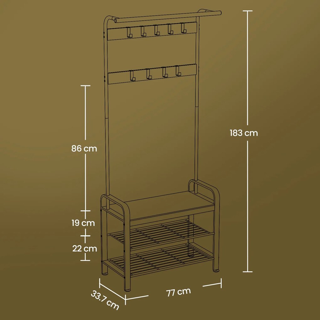 Cabide entrada, bengaleiro com banco para sapatos 33,7 x 72 x 183 cm preto-Castanho camelo