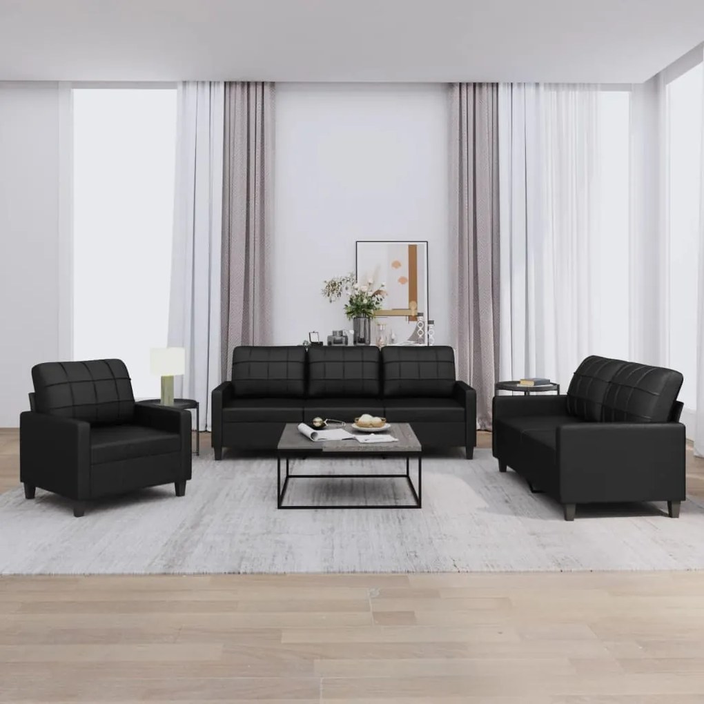 3201338 vidaXL 3 pcs conjunto de sofás com almofadões couro artificial preto