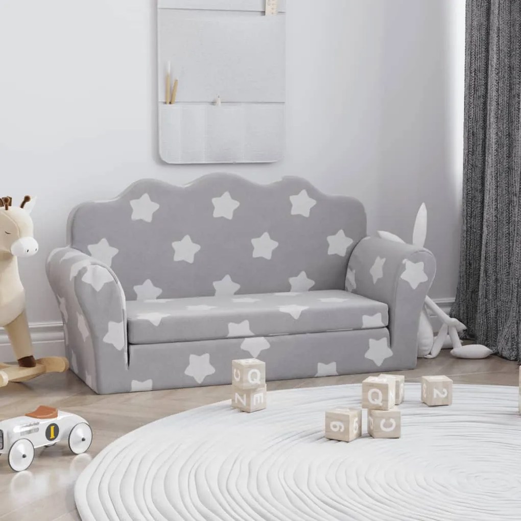 Sofá-cama infantil 2 lugares c/ estrelas pelúcia cinzento-claro