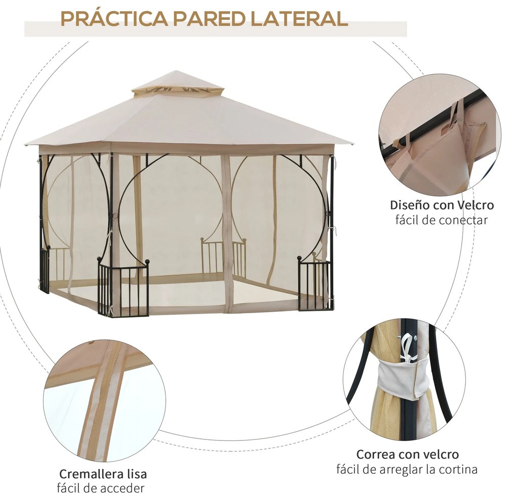 Outsunny Gazebo de jardim 3x3m com 4 cortinas laterais com zíper e tel