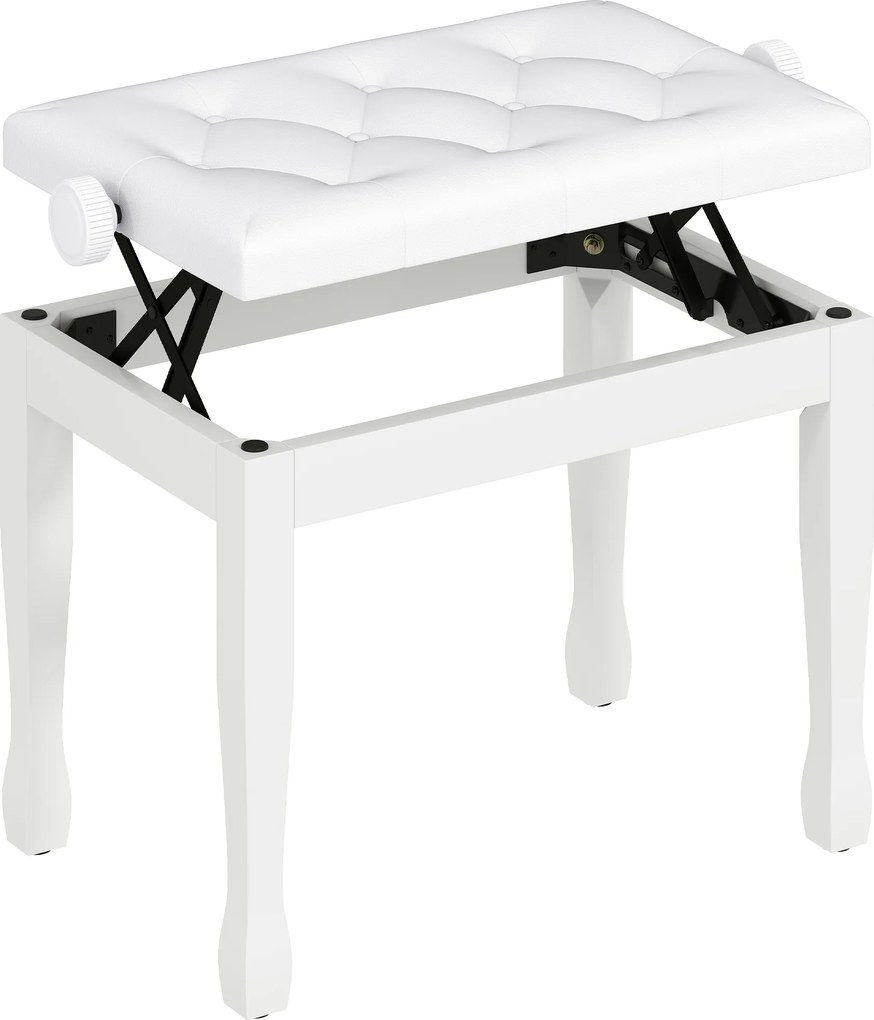 Banco de piano, banco de teclado com altura ajustável em madeira maciça, assento estofado, 64 x 35 x 45-55 cm, branco
