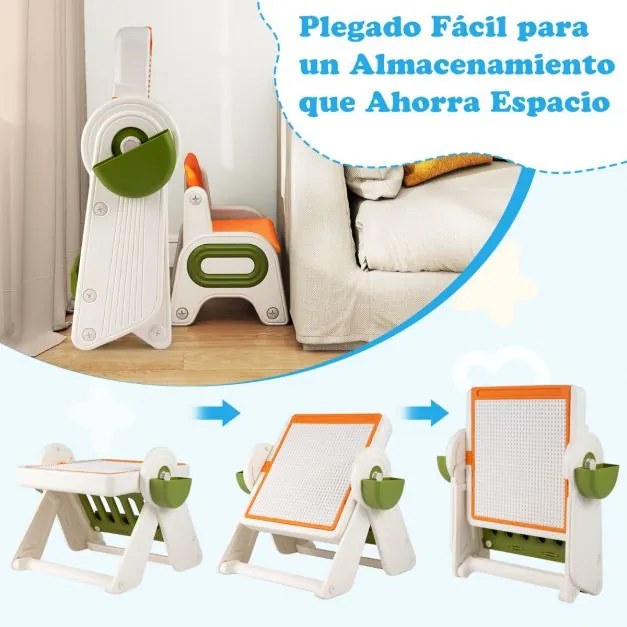 Conjunto de mesa e cadeira para crianças 6 em 1 Multi-atividade Cavalete dobrável para crianças com superfície reversível e ranhura laranja