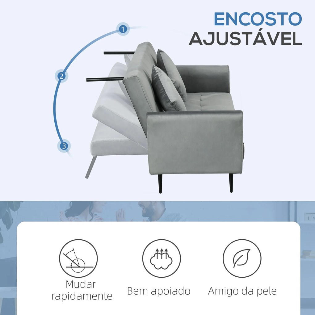 Sofá Cama Convertível Sofá Cama de 3 Lugares com Encosto Ajustável de 3 Níveis e 2 Almofadas Acolchoadas 206x81x83 cm Cinza