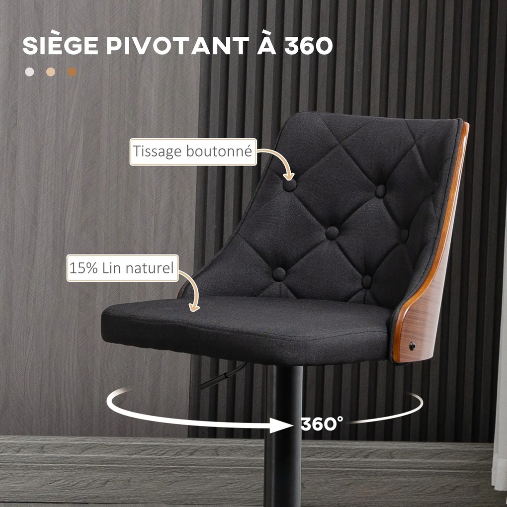 Conjunto de 2 bancos de bar com altura ajustável, giratórios a 360° e apoio para os pés, em tecido acolchoado Preto