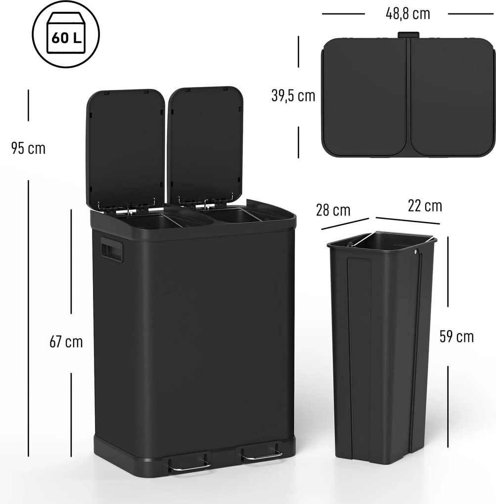Caixote do lixo de cozinha 48,8 L x 39,5 l x 67 A cm com dois compartimentos de 2 x 30 L, com pedal em aço inoxidável e tampa com fecho suave, preto