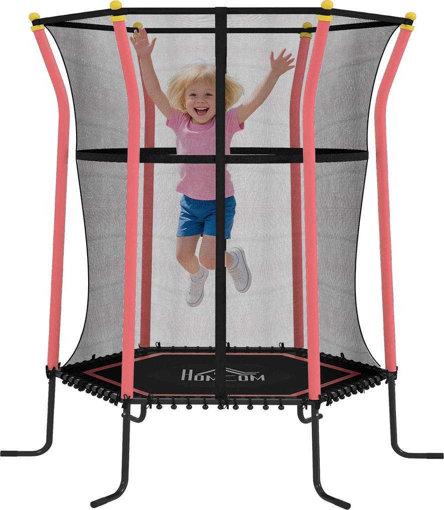 Trampolim infantil Ø 1,63 x 1,9 m com rede de segurança, porta com fecho de correr e 6 postes almofadados incluídos, vermelho e preto