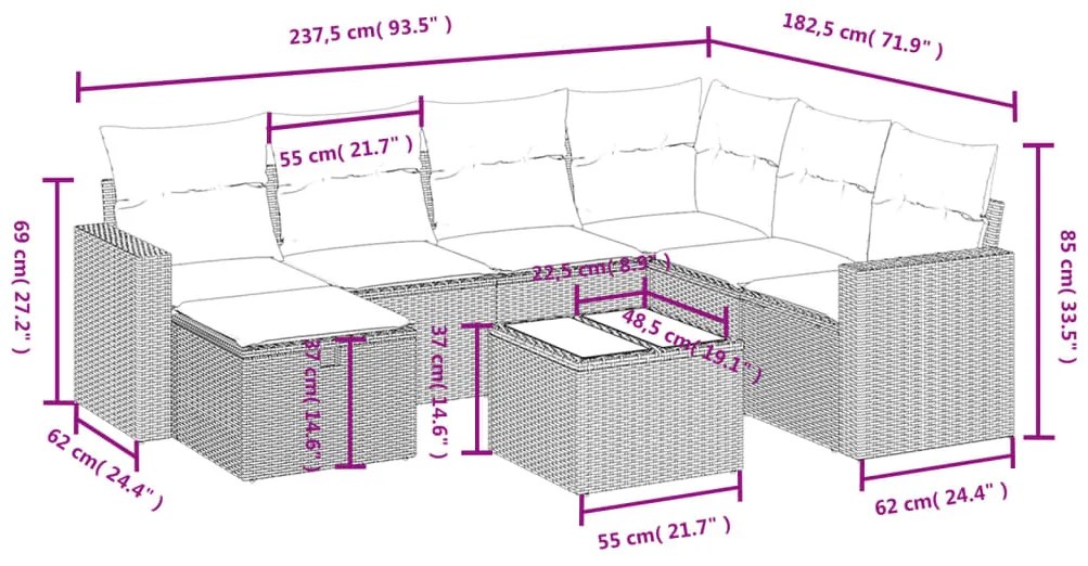 8 pcs conj. sofás jardim c/ almofadões vime PE cinzento-claro