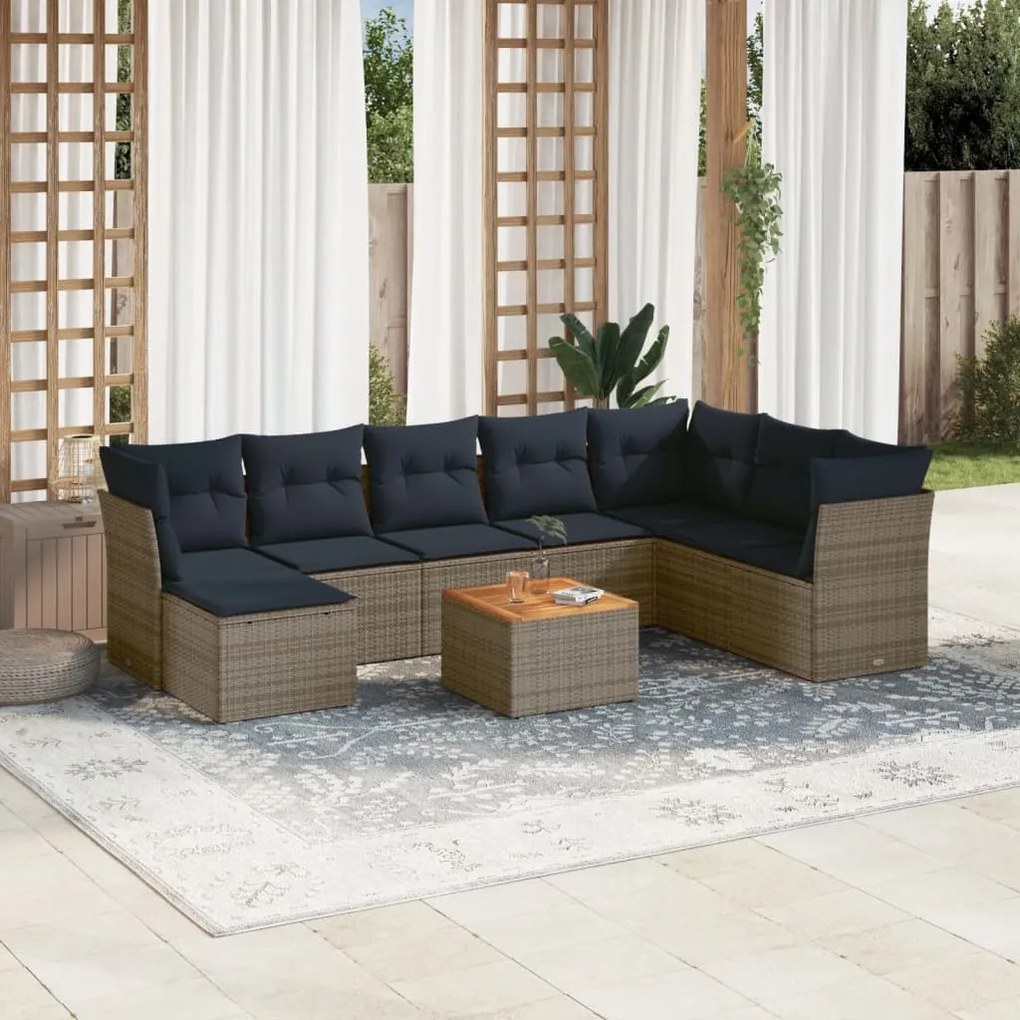 vidaXL 9 pcs conjunto sofás p/ jardim c/ almofadões vime PE cinzento