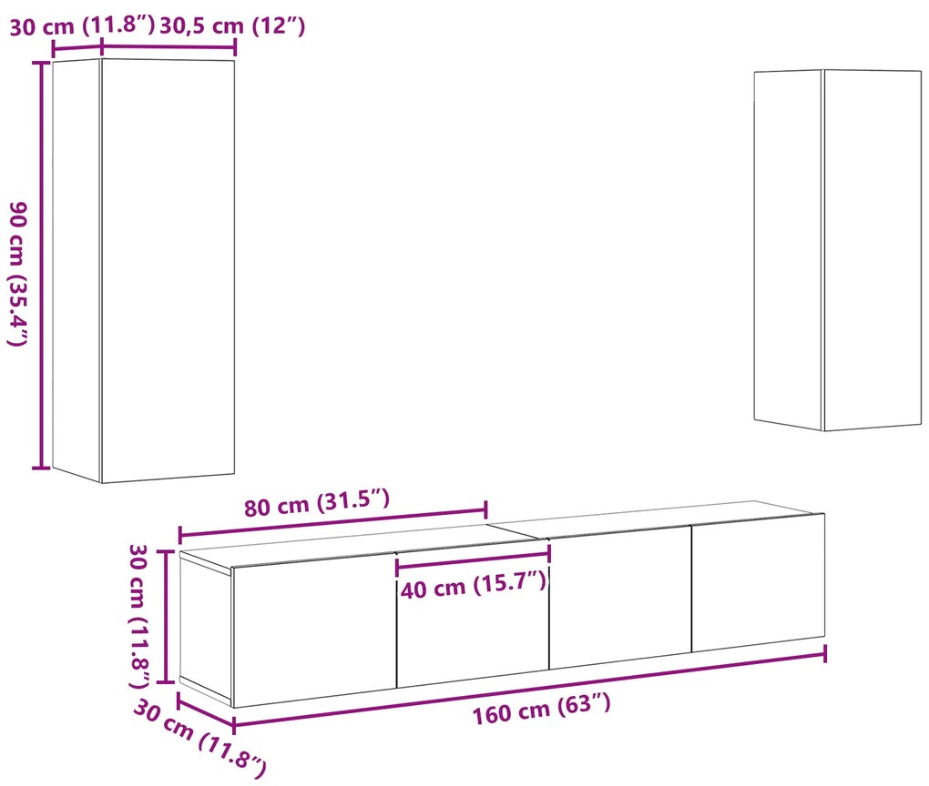 Conjunto de 4 Peças de Armário para TV Montado na Parede Carvalho Arte