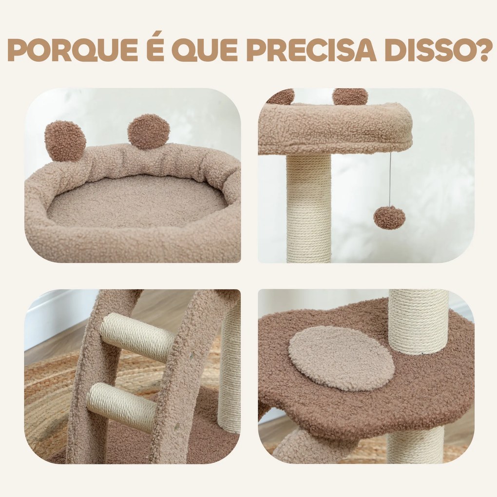 Arranhador para Gatos Altura 88 cm com Cama Plataforma Bolsa Suspensa Escada e Poste de Juta 48x40x88 cm Castanho claro