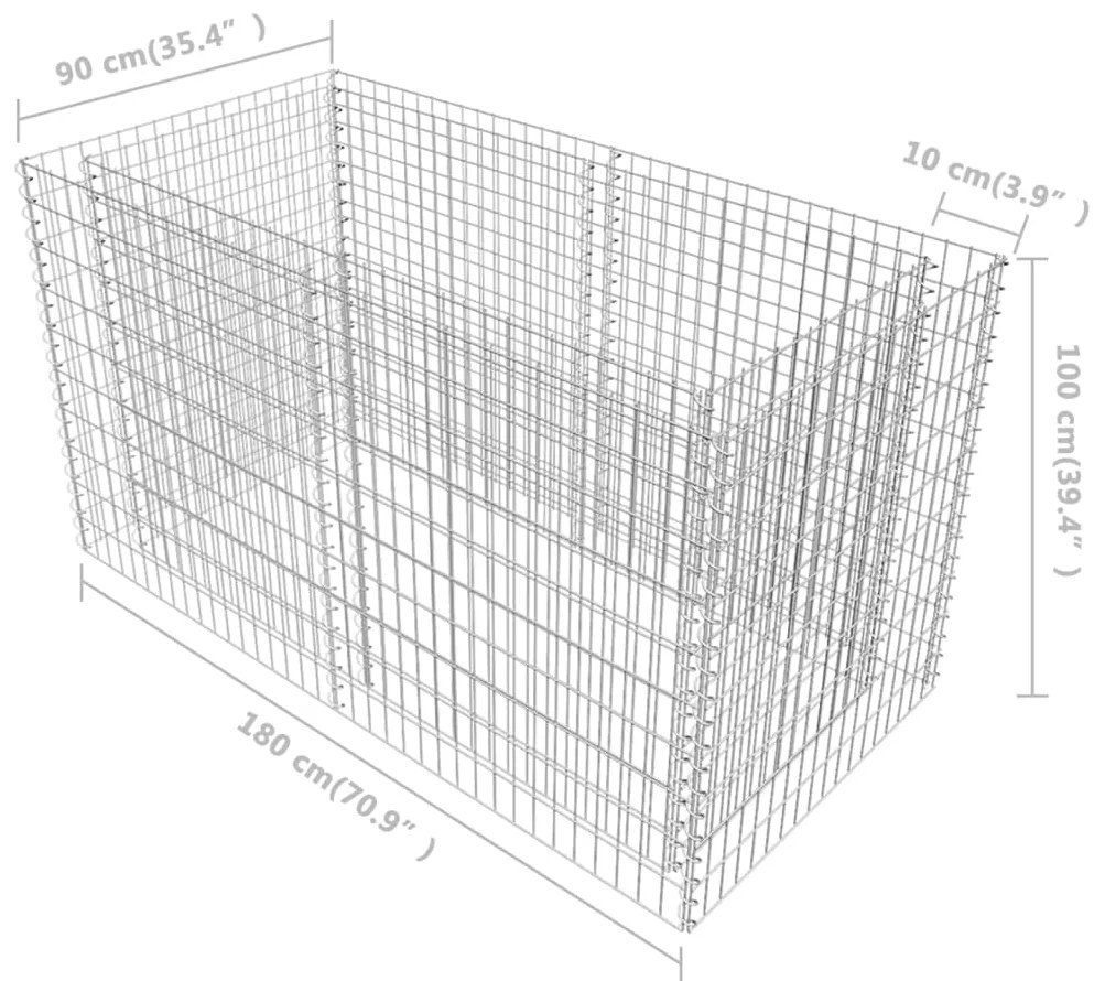 Canteiro elevado/cesto gabião 180x90x100 cm aço prateado