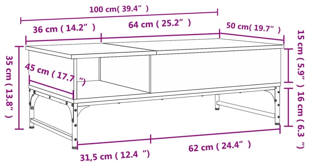 Mesa de centro 100x50x35cm deriv. madeira/metal cinzento sonoma