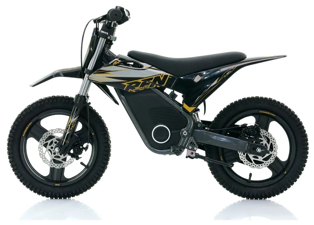 Mini moto elétrica para crianças velocidade até 30Km/h C/Limitador RFN Warrior SX-E350 14/14” 350W Preta e Dourada