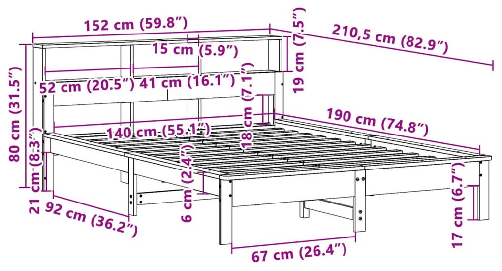 Cama sem colchão 140x190 cm madeira de pinho maciça