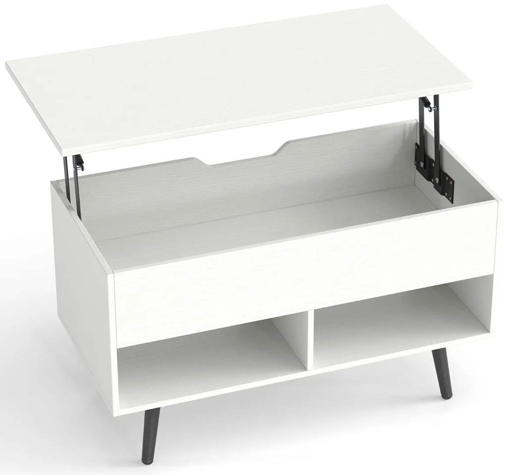 Mesa de centro com tampo elevável 80 x 40 x 46 cm, compartimento oculto e 2 prateleiras para sala de estar Branco