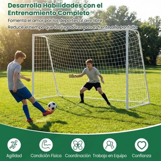 Baliza de futebol 300 x 204 cm para exterior com rede de PE, Estrutura metálica, 8 estacas e 16 abraçadeiras para treino futebol Branca