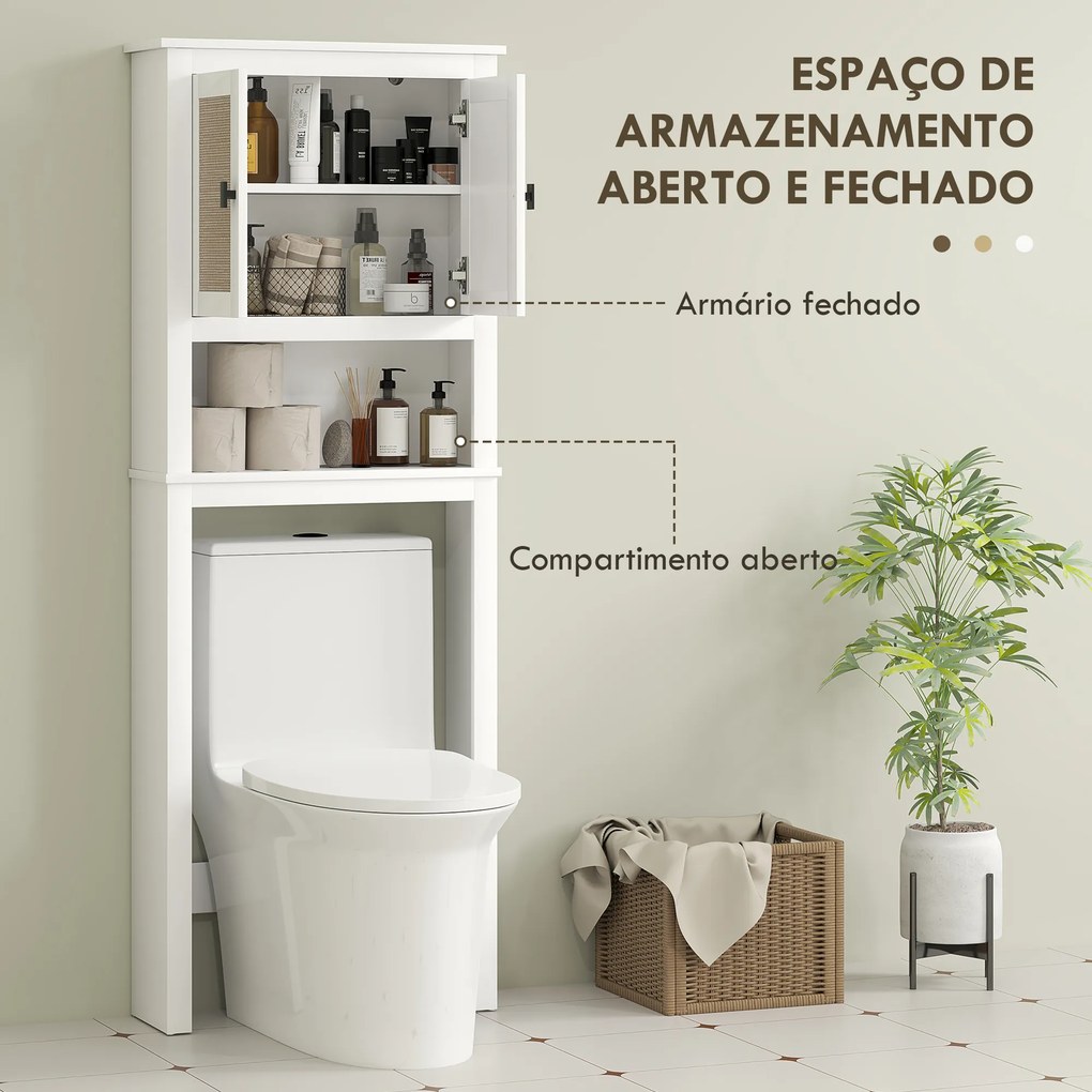 Móvel sobre Sanita Armário sobre Sanita com 2 Portas com Frente em Vime Compartimento e Prateleira Ajustável 60x19,5x160 cm Branco