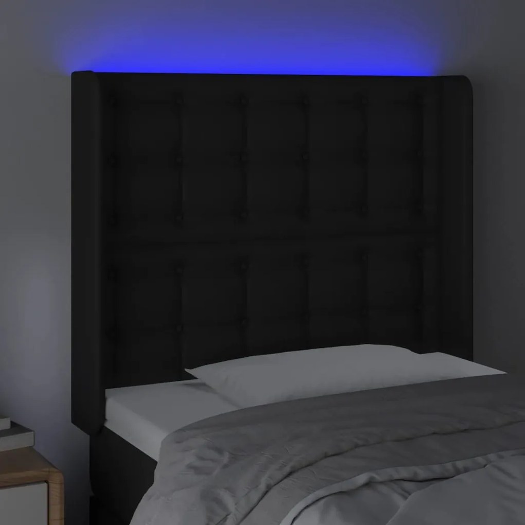 Cabeceira de cama c/ LED couro artificial 83x16x118/128cm preto