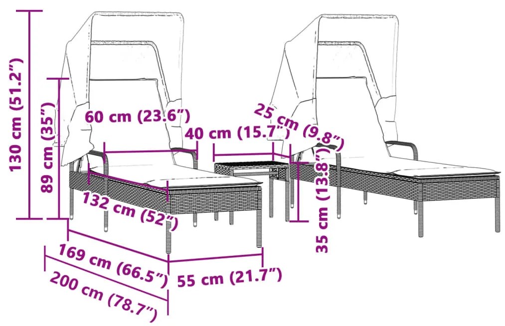 Espreguiçadeiras com toldos e mesa 2 pcs vime PE bege