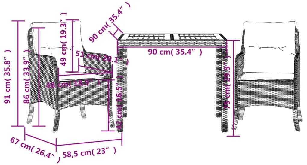 3 pcs conjunto de jantar p/ jardim c/ almofadões vime PE preto