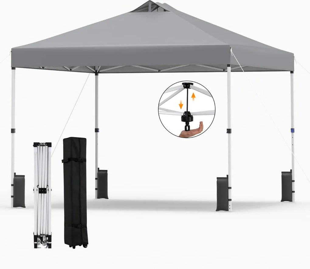 Tenda dobrável 3x3 m com 4 x Sacos de areia de montagem instantânea com 1 botão campismo, feiras, eventos e Saco com rodas Cinzenta