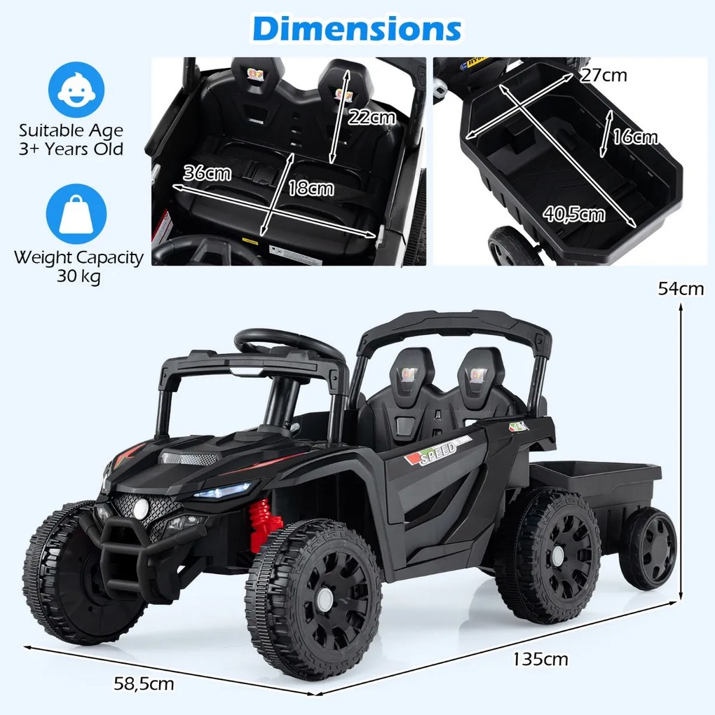 Carro eletrico para crianças 12V com reboque destacável a bateria com 3 velocidades Luzes LED Música Preto