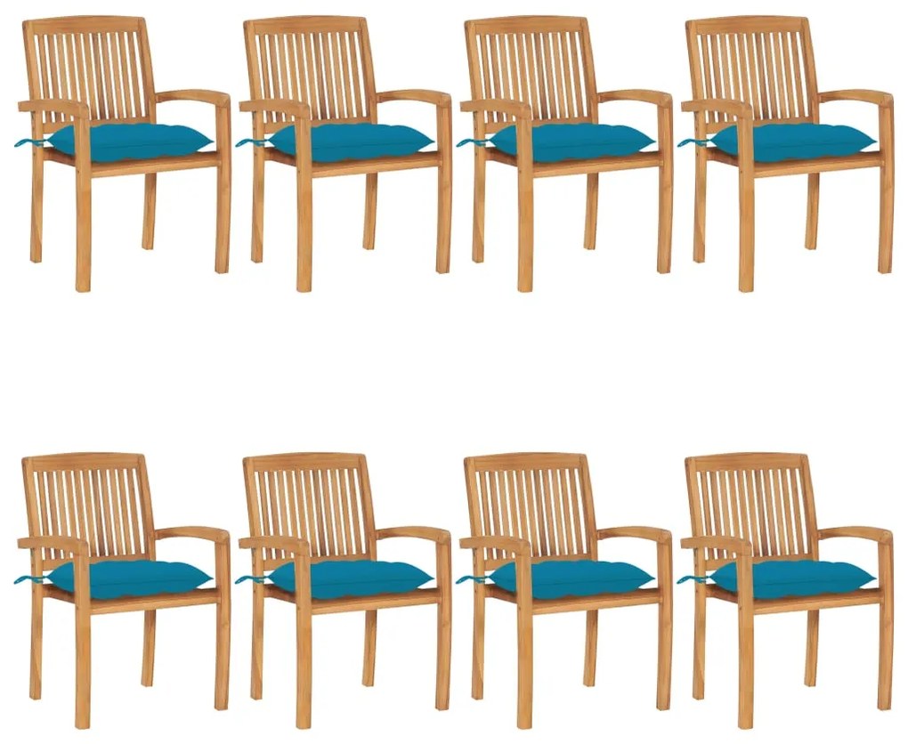 vidaXL Cadeiras de jardim empiháveis c/ almofadões 8 pcs teca maciça
