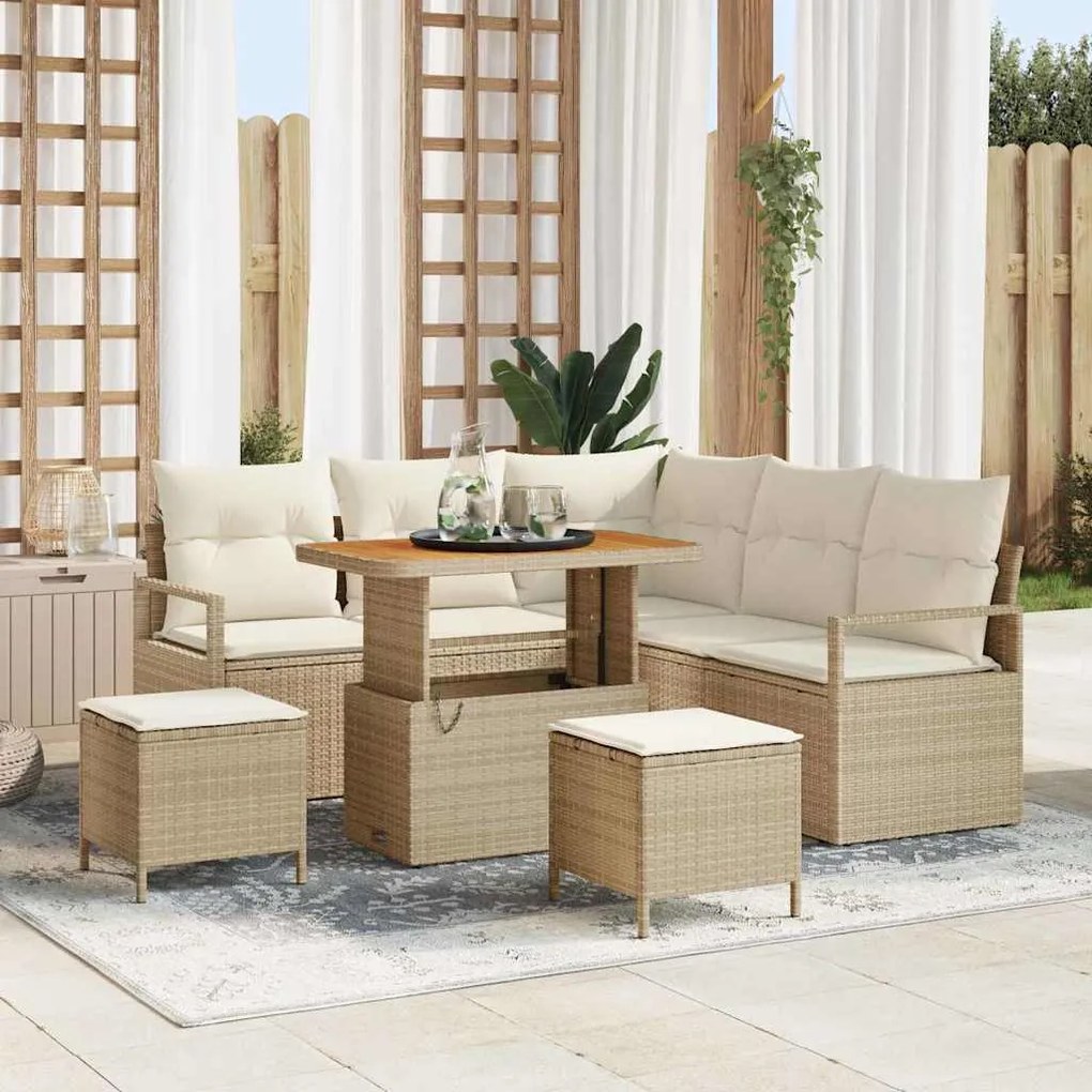 Sofá de Jardim com 8 Peças e Almofadas Bege em Rattan Sintético e Acác