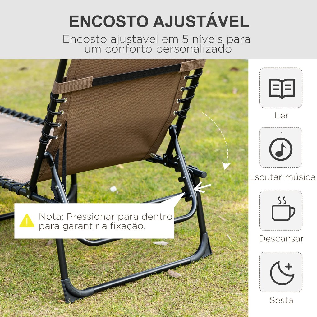Espreguiçadeira Dobrável de Jardim com Encosto Ajustável Apoio para Cabeça Acolchoado Bolso Lateral 185x58x30 cm Castanho