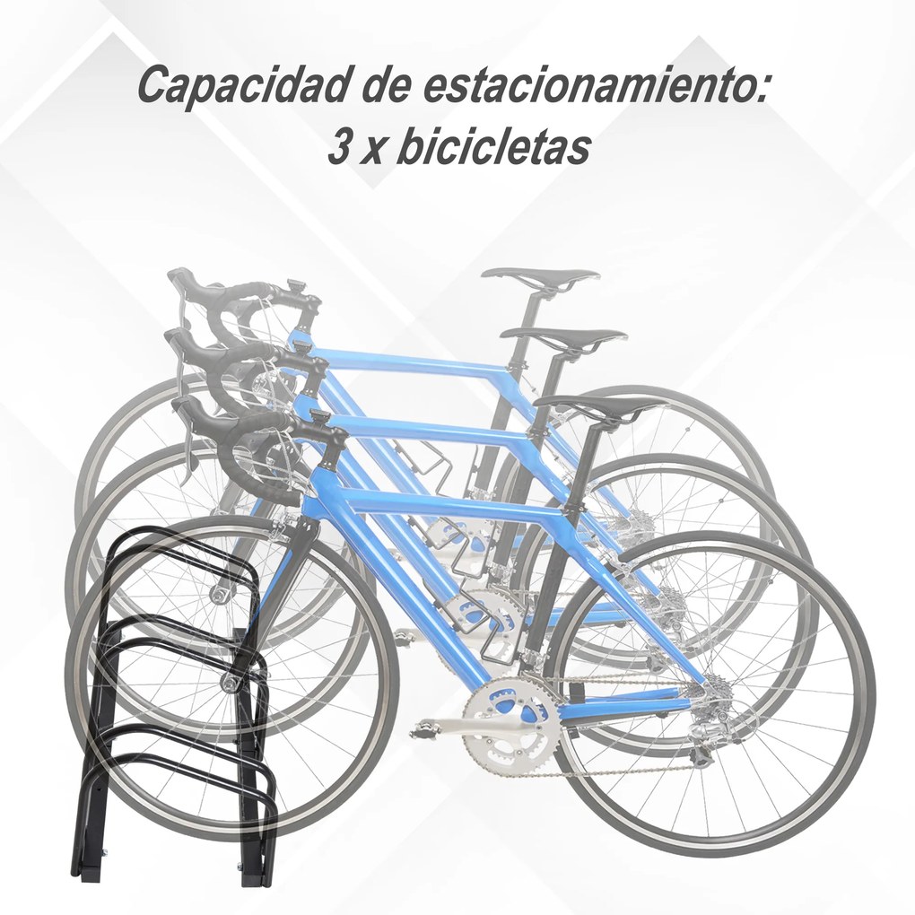 HOMCOM Estacionamento para 3 Bicicletas Suporte de Aço para Estacionar Bicicletas no chão para Interior e Exterior 70,5x33x27cm Preto