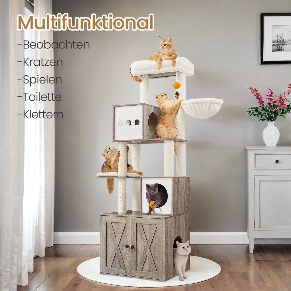 Arranhador para gatos 2 em 1 com caixa de areia 60 x 52 x 185 cm (C x L x A) Greige