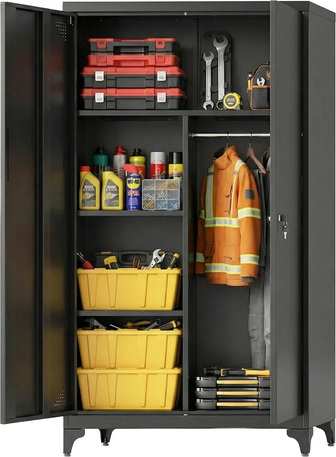 Armário cacifo metálico com varão para pendurar roupa, 2 portas, 5 compartimentos 80 x 40 x 165 cm Preto