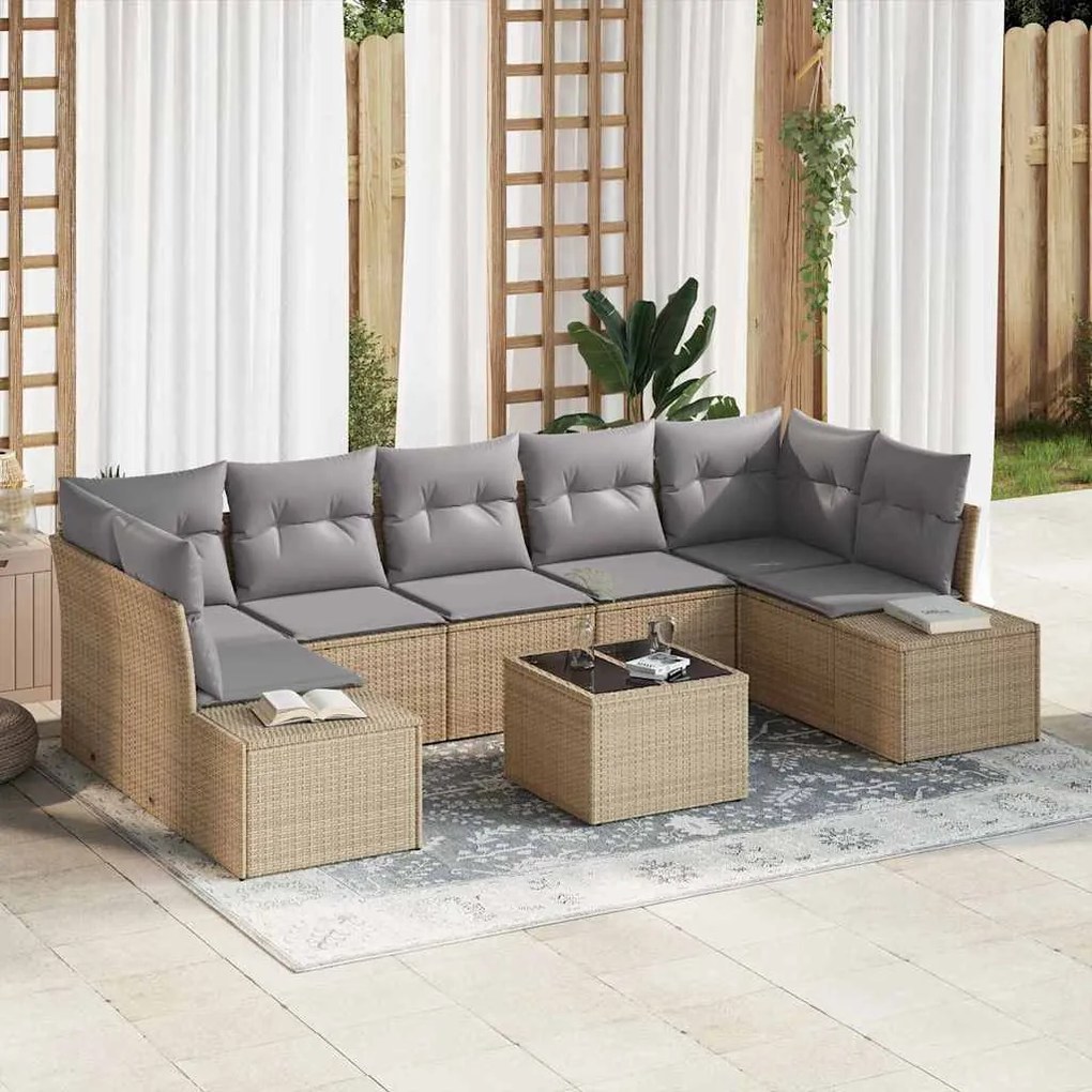 vidaXL Conjunto de Sofás de Jardim com 8 peças em Rattan Sintético Bege e almofadas.
