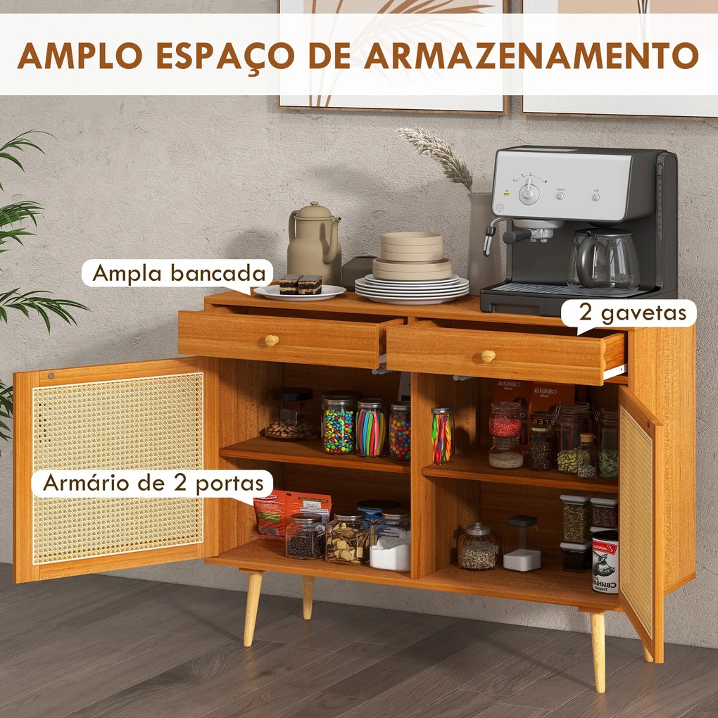 Aparador de Madeira com 2 Gavetas Prateleiras Ajustáveis e 2 Portas de Vime Armário de Armazenamento Estilo Cannage 100x35x78,5 cm Castanho