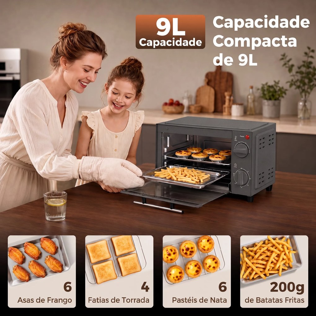 Mini Forno Elétrico 9 L de Bancada 750 W com Temperatura Ajustável e Temporizador 35x24,6x20 cm Cinza