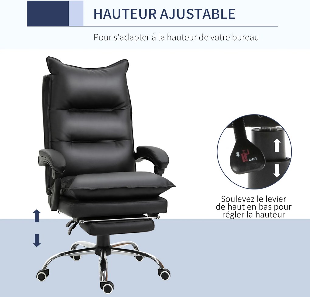 Cadeira de escritório, ergonómica em couro sintético com assento largo e almofadado, encosto reclinável, altura ajustável, braços e apoio para os pés