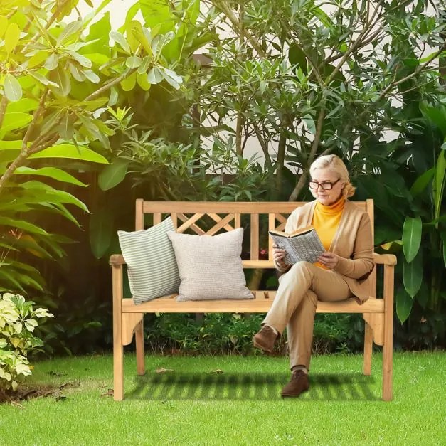 Banco dobrável para jardim Banco de madeira de acácia 120 cm para 2 pessoas com encosto curvo e apoios de braços Cor de teca
