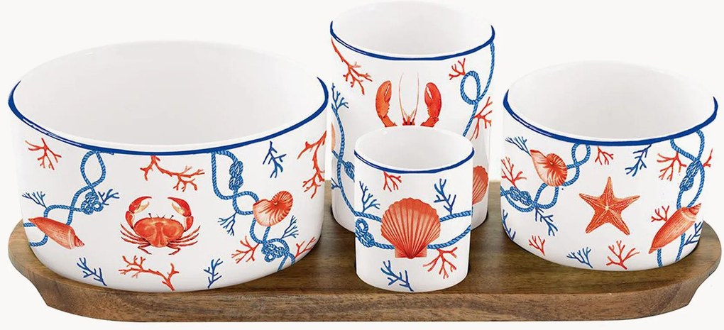 Taças de servir em porcelana com tabuleiro em madeira de acácia Cote De Mer, conjunto de 5