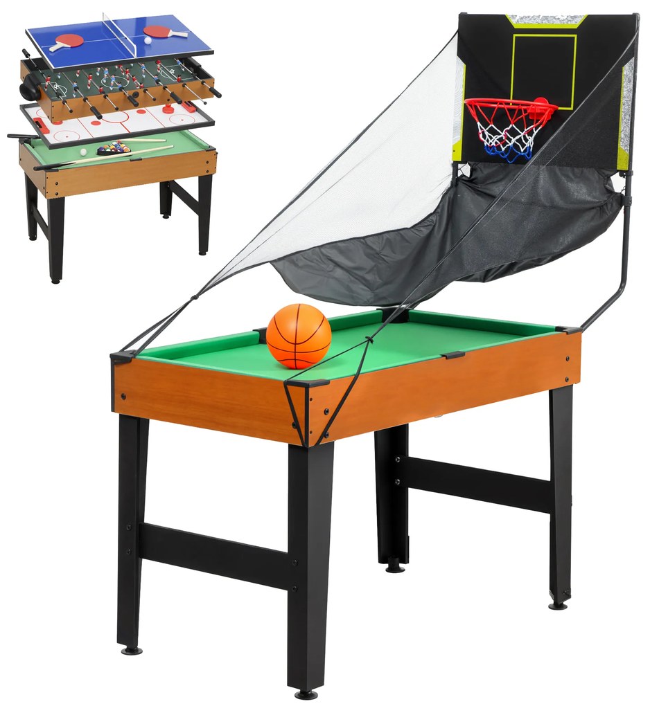 SPORTNOW Mesa Multijogos 5 em 1 Mesa de Jogo com Matraquilho Bilhar Ping-Pong Hóquei e Basquetebol 134x108x144 cm Madeira e Preto | Aosom Portugal